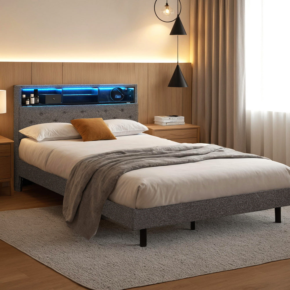 Artiss Bed Frame King Single Size LED Mattress Base Platform with Storage Shelf Hidden Storage Box Grey