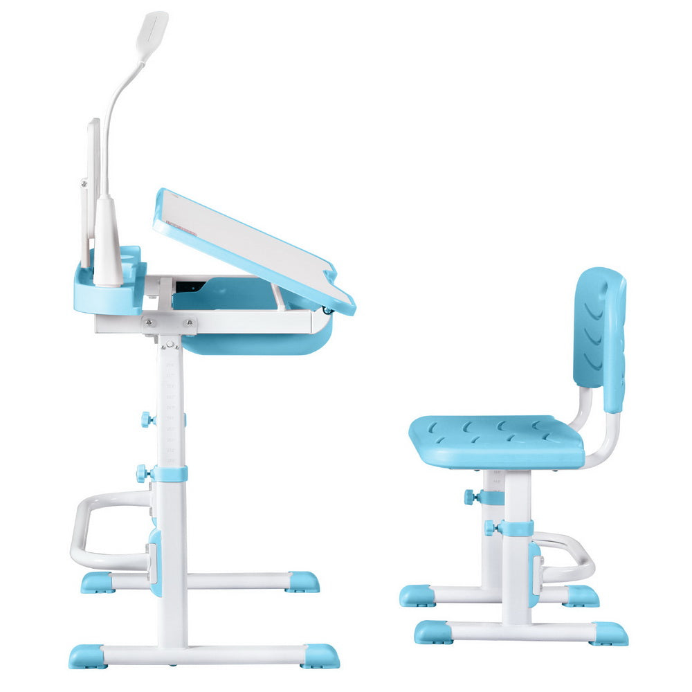 Keezi Kids Table and Chair Set Adjustable Study Desk w/ LED Lamp Reading Blue