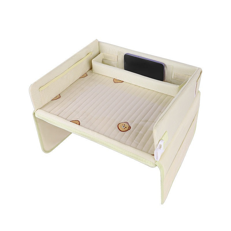 Kids Car Seat Travel Tray - Waterproof Lap Desk with Storage Pockets (Beige Bear - Square)